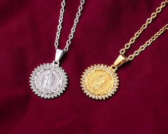 Virgin Mary Medal Necklace for Men, Catholic Our Lady Pendant, 50cm or 60cm