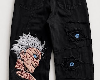 Custom Gojo Satoru Anime Jeans, Black Wide Leg Denim Pants, Unisex Japanese Streetwear