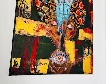 Eye of the Soul – Mixed Media African Portrait with Origami Crane, 50x50 cm, Textured Abstract Art