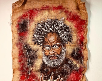 Arte de Obatala Orisha – Pintura original en yute de 70x100 cm – Arte mural espiritual de inspiración africana – Obra de arte texturizada de técnica mixta