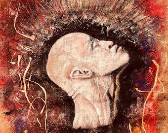 Retrato texturizado pintado sobre arpillera de 70 x 100 cm – Arte abstracto de cabeza humana, lienzo sin tratar, expresión moderna, gran pieza decorativa para pared.