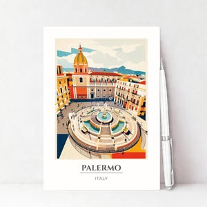 Puede incluir: Una impresión de Palermo, Italia, con una ilustración detallada de una fuente y edificios. La obra de arte utiliza una paleta de colores vibrantes de naranja, amarillo, azul y blanco. La palabra "PALERMO" está impresa en la parte inferior.