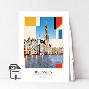 Puede incluir: Una impresión que representa Bruselas, Bélgica, en un diseño colorido y estilizado. La imagen muestra la arquitectura de la ciudad con una superposición geométrica. Las palabras "BRUSSELS" y "BELGIUM" están impresas en la parte inferior de la impresión.