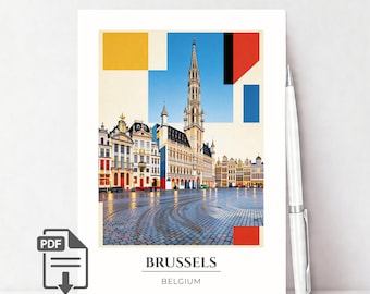 Printbare ansichtkaart van Brussel, België, vintage reisposter (PDF), muurdecoratie voor de Grote Markt, digitale download als cadeau