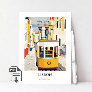 Puede incluir: Una impresión que muestra un tranvía amarillo de Lisboa que viaja por una calle adoquinada, con edificios coloridos a ambos lados. Las palabras "LISBOA" y "PORTUGAL" están impresas debajo. Hay un bolígrafo a la derecha.