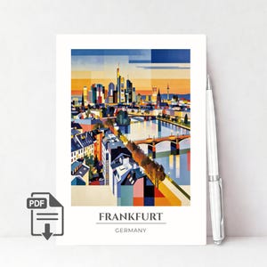 Puede incluir: Una colorida impresión artística de Frankfurt, Alemania, que presenta un paisaje urbano con un río y puentes. La impresión tiene un estilo retro con colores vibrantes, incluyendo azules, naranjas y amarillos. La palabra "FRANKFURT" está impresa debajo.