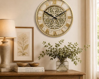 Luxe vintage wandklok, gouden klok met Romeinse cijfers, elegante barok wanddecoratie, klok in marmerstijl, klassiek Europees interieur, stille klok cadeau