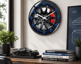 Racing Wheel Wall Clock, Sports Car Inspired Brake Disc Clock, Garage Decor, Car Lover Gift, Auto Enthusiast Wall Decor, Man Cave Clock