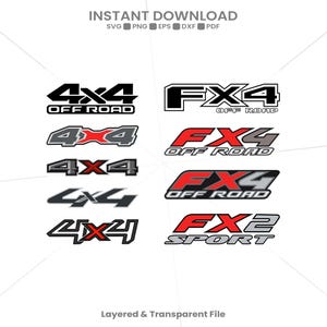 Può includere: Una collezione di grafica digitale che presenta vari loghi 4x4 Off Road e FX4 Off Road in nero, bianco, grigio e rosso. I design includono una tipografia audace e scritte stilizzate, presentati come un set di emblemi in stile vettoriale.