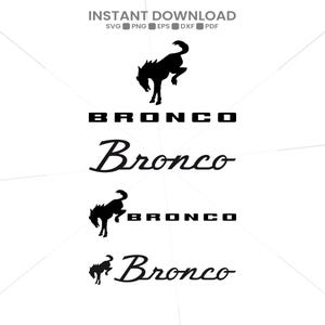 Puede incluir: Un conjunto de archivos gráficos digitales que presenta la silueta negra de un caballo encabritado y la palabra Bronco en dos fuentes distintas. El texto INSTANT DOWNLOAD SVG PNG EPS DXF PDF aparece arriba sobre el fondo blanco con líneas radiales.