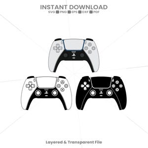 May include: Three digital illustrations of a game controller. The top one is white and black, the bottom left is a white outline on a transparent background, and the bottom right is a solid black silhouette. Text reads INSTANT DOWNLOAD.