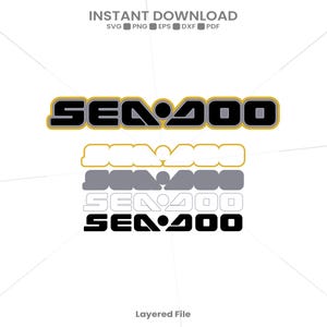 以下が含まれることがあります： 太字で丸みを帯びたスタイリッシュなフォントで「SEA-DOO」というテキストが描かれたデジタルグラフィックファイル。デザインは、ゴールドの縁取りバージョン、ゴールドの輪郭、無地のグレー、細い白の輪郭、黒のバージョンの5種類で構成されています。