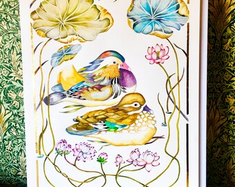Commission this Mandarin Duck Couple Surrounded by Lush Lotusplants Fengshui Feng shui Love Loyalty Everlasting Couple Portrait or Landscape