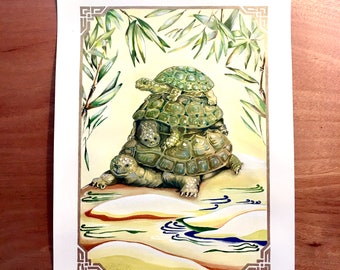 Obraz gwaszowy „Żółw pokoleniowy” – wydruk artystyczny Feng Shui (31-41 cm)