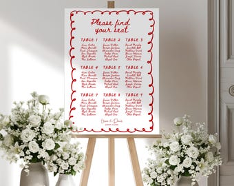 Wavy Wedding Seating Chart Template, Hand Drawn Find Your Seat Sign, Whimsical Seating Plan, Editable Canva Wedding Sign
