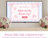 What Did The Groom Say Bachelorette Game, Bridal Shower Trivia, Last Toast on Coast, Editable Canva Template, Hen Party Drinking Game