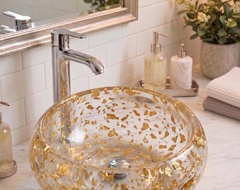 Lavabo transparente con lámina de oro, lavabo de resina artística para baño, lavabo de tocador glamuroso, diseño de interiores de lujo hecho a medida