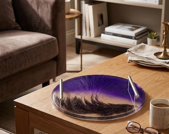 Purple Resin Tray with Dried Flowers, Round Clear Epoxy Serving Board, Botanical Vanity Decor, Boho Home Gift, Unique Handmade Tea Tray