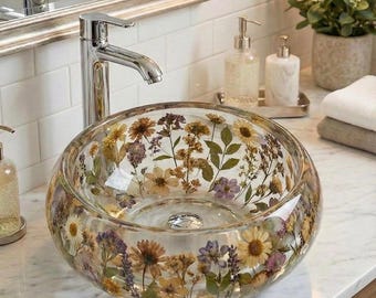Lavabo artesanal de resina epoxi con flores secas - Lavabo transparente con diseño floral - Lavabo único para baño - Lavabo de lujo con arte botánico