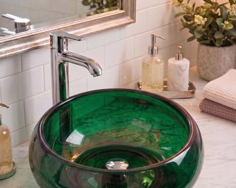 Emerald Green Epoxy Resin Vessel Sink, Luxury Transparent Bathroom Basin, Handmade Modern Countertop Sink, Unique Housewarming Gift