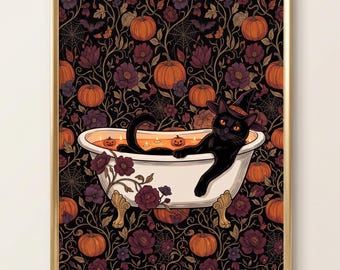 Black Cat Halloween Bathtub Print, Gothic Maximalist Wall Art