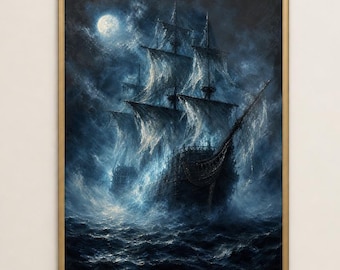 Ghost Ship Moonlit Sea Print, Gothic Nautical Art (Digital)