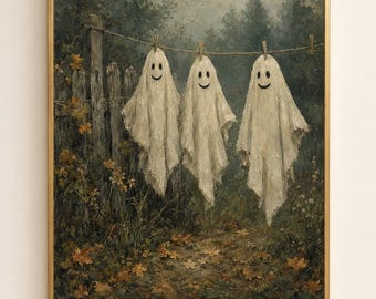 Ghosts on Clothesline Print, Vintage Halloween Wall Art (Digital)