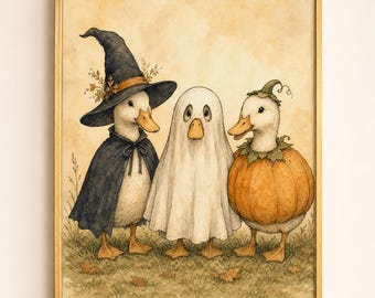 Halloween Costume Ducks Print, Whimsical Fall Art (Digital Download)