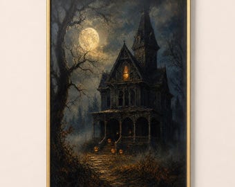 Haunted Victorian House Print, Gothic Halloween Wall Art (Digital Download)