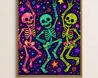 Colorful Dancing Skeletons Print, Maximalist Halloween Art (Digital)
