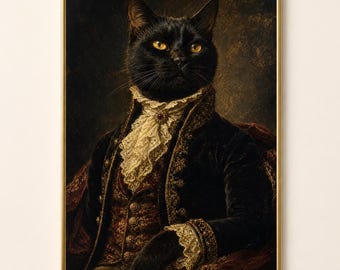Gothic Victorian Black Cat Portrait, Aristocratic Halloween Wall Art Print