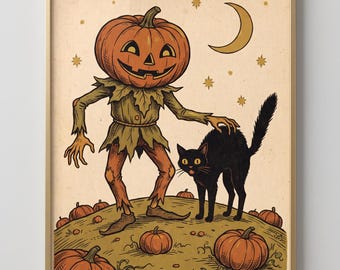 Vintage Pumpkin Man Postcard Print, Retro Halloween Art (Digital Download)