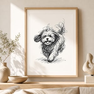 Scribble Dog Sketch Poster, Minimalist Pet Wall Art, Black White (Digital Download)