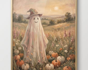 Ghost in Wildflower Field Print, Vintage Halloween Pumpkin Meadow Art