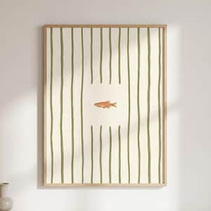 Minimalist Fish Print, Olive Green Stripes, Japandi Coastal Art (Digital Download)