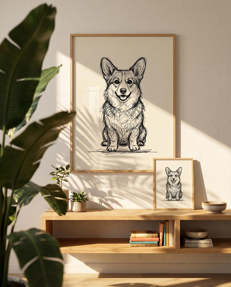 Corgi Line Art Print | Minimalist Dog Ink Drawing, Modern Wall Decor ...