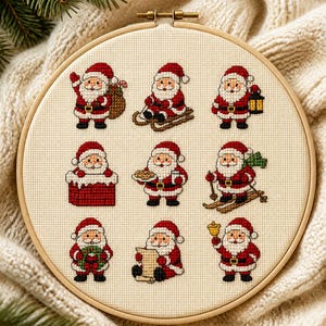 May include: A round wooden embroidery hoop containing a cross-stitch pattern on cream fabric. The design features nine distinct small illustrations of Santa Claus in various activities, including skiing, holding a bell, and carrying a gift sack.