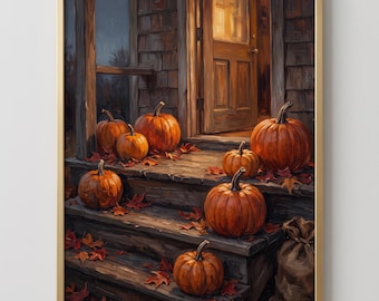 Vintage Pumpkin Porch Steps Print, Rustic Halloween Autumn Oil Painting Art