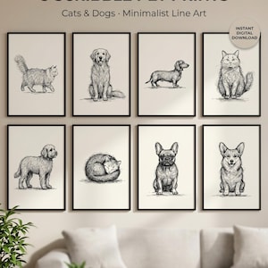 May include: A set of eight framed wall art prints titled 8 SCRIBBLE PET PRINTS Cats & Dogs. Each print features a black ink scribble-style line drawing of a cat or dog on a cream background. A circular badge indicates an INSTANT DIGITAL DOWNLOAD.