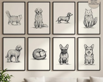 Scribble Pet Line Art Prints | Cats & Dogs Gallery Wall Bundle (Digital Download)