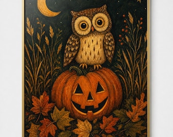 Owl on Pumpkin Folk Art Print, Autumn Halloween Wall Art (Digital)
