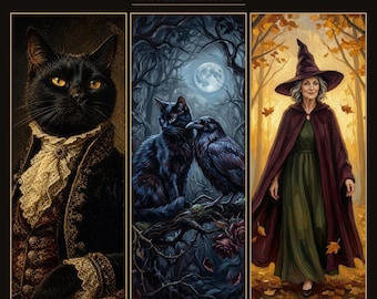 Gothic Halloween Gallery Wall Set of 3, Dark Academia Cat Witch Print Bundle