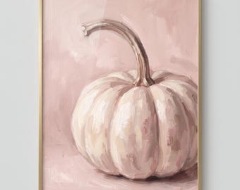 White Pumpkin Oil Painting Print, Minimalist Neutral Fall Wall Art Blush