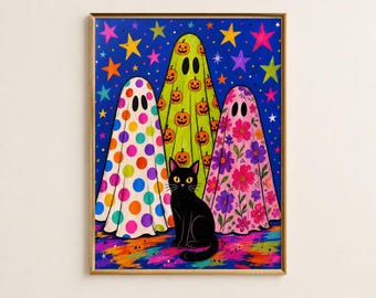 Colorful Maximalist Ghosts Print, Bold Halloween Art (Digital)