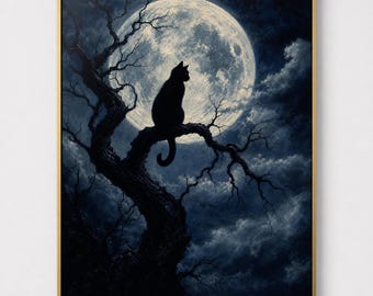 Black Cat Moon Silhouette Print, Gothic Halloween Wall Art (Digital Download)