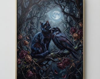 Black Cat and Raven Gothic Art Print, Moonlit Dark Academia Wall Art