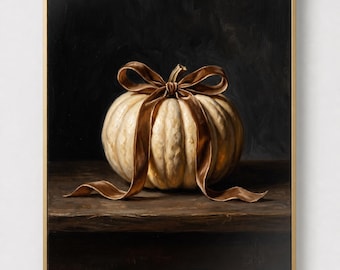 Pumpkin with Ribbon Bow Print, Moody Dark Academia Halloween Wall Art
