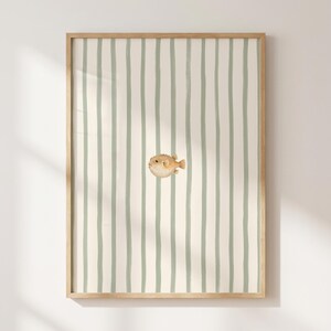 Pufferfish Print, Minimalist Sage Green Stripe Poster, Japandi Coastal Art