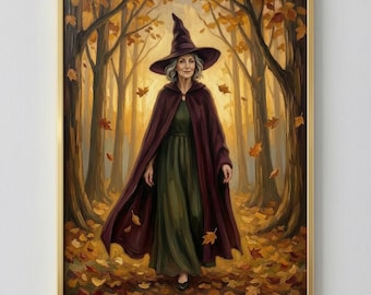 Witch in Autumn Forest Print, Vintage Halloween Fall Stroll Wall Art