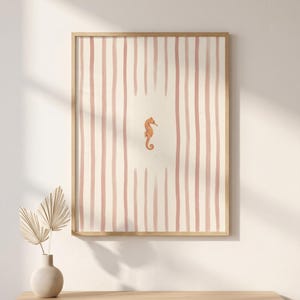 Seahorse Print, Quirky Minimalist Wall Art, Pink Stripe Poster, Cute Coastal Decor, Japandi Aesthetic Art, Trendy Eclectic Nautical Print